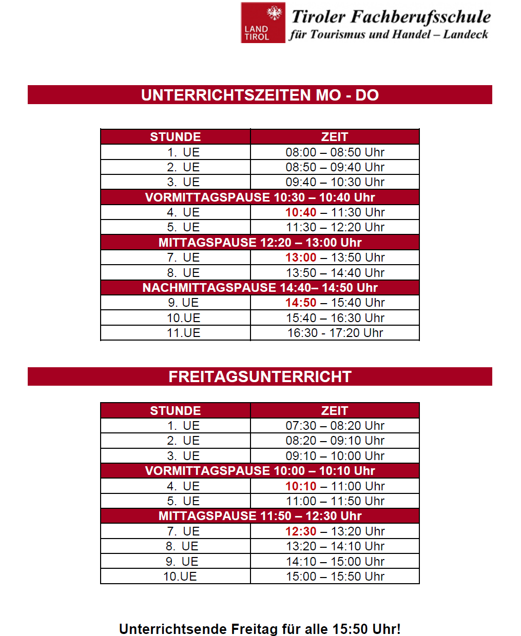Unterrichtszeiten