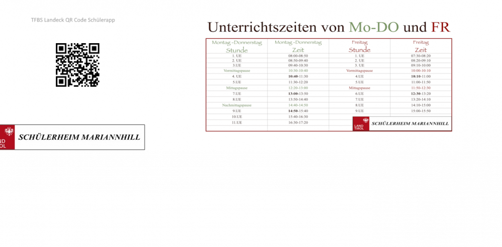 Info Unterrichtszeiten und QR Code