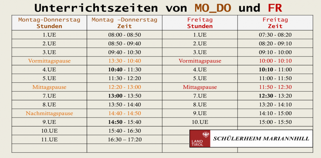 Info Unterrichtszeiten
